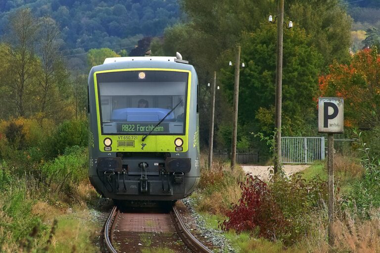 Treno che attraversa un paesaggio autunnale con foglie colorate, evocando l'atmosfera canadese del foliage.