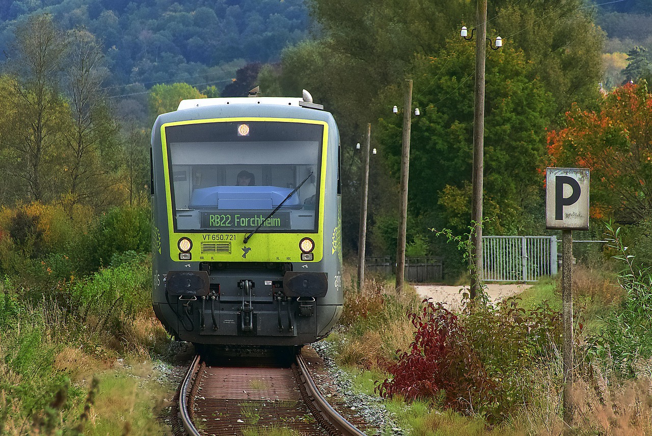 Treno che attraversa un paesaggio autunnale con foglie colorate, evocando l'atmosfera canadese del foliage.